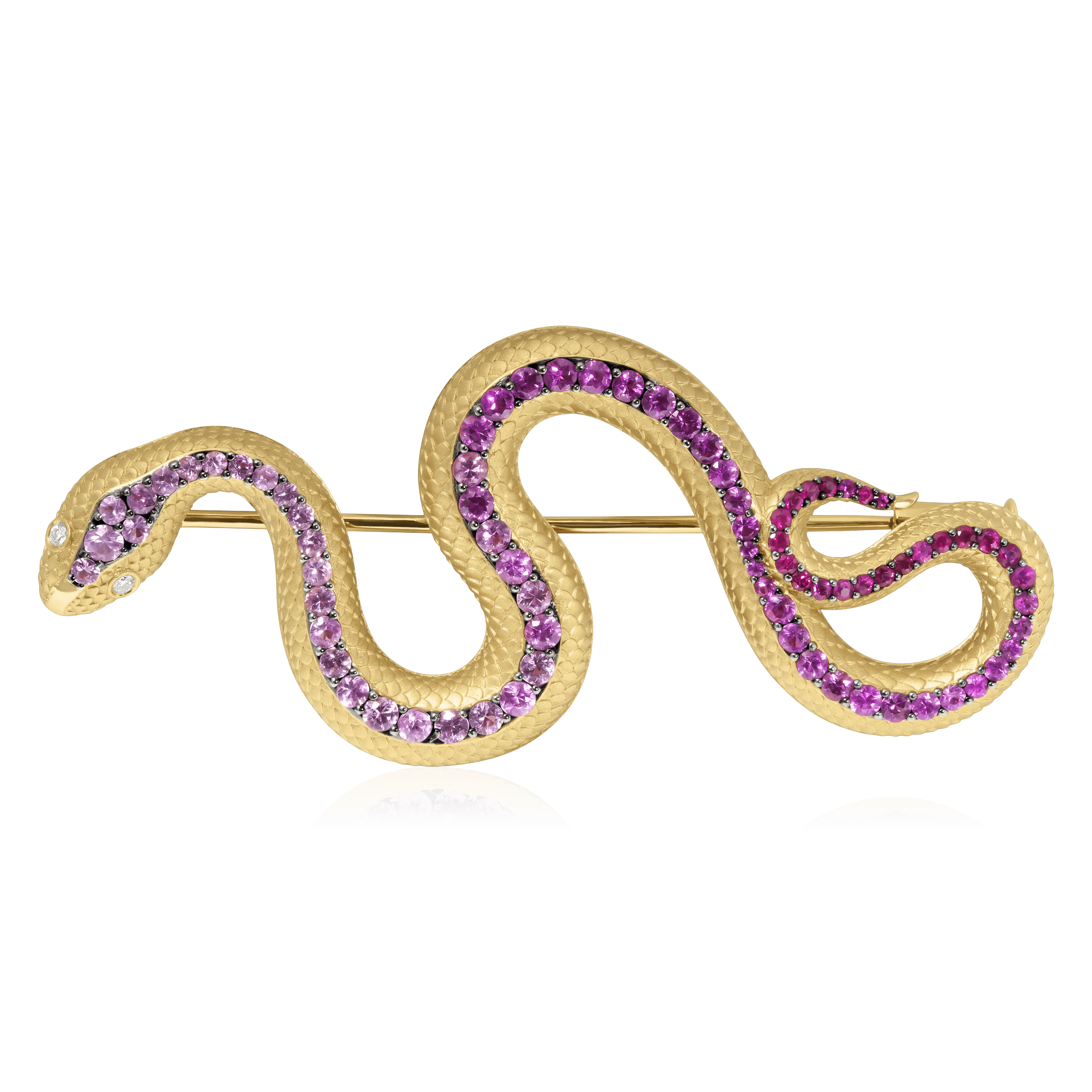 Брошь Змея с рубинами, розовыми сапфирами, бриллиантами из желтого золота 750 пробы, фото № 1
