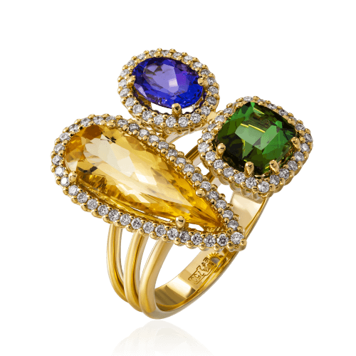 Кольцо с желтым топазом, турмалином, танзанитом, бриллиантами из желтого золота 750 пробы, фото № 1