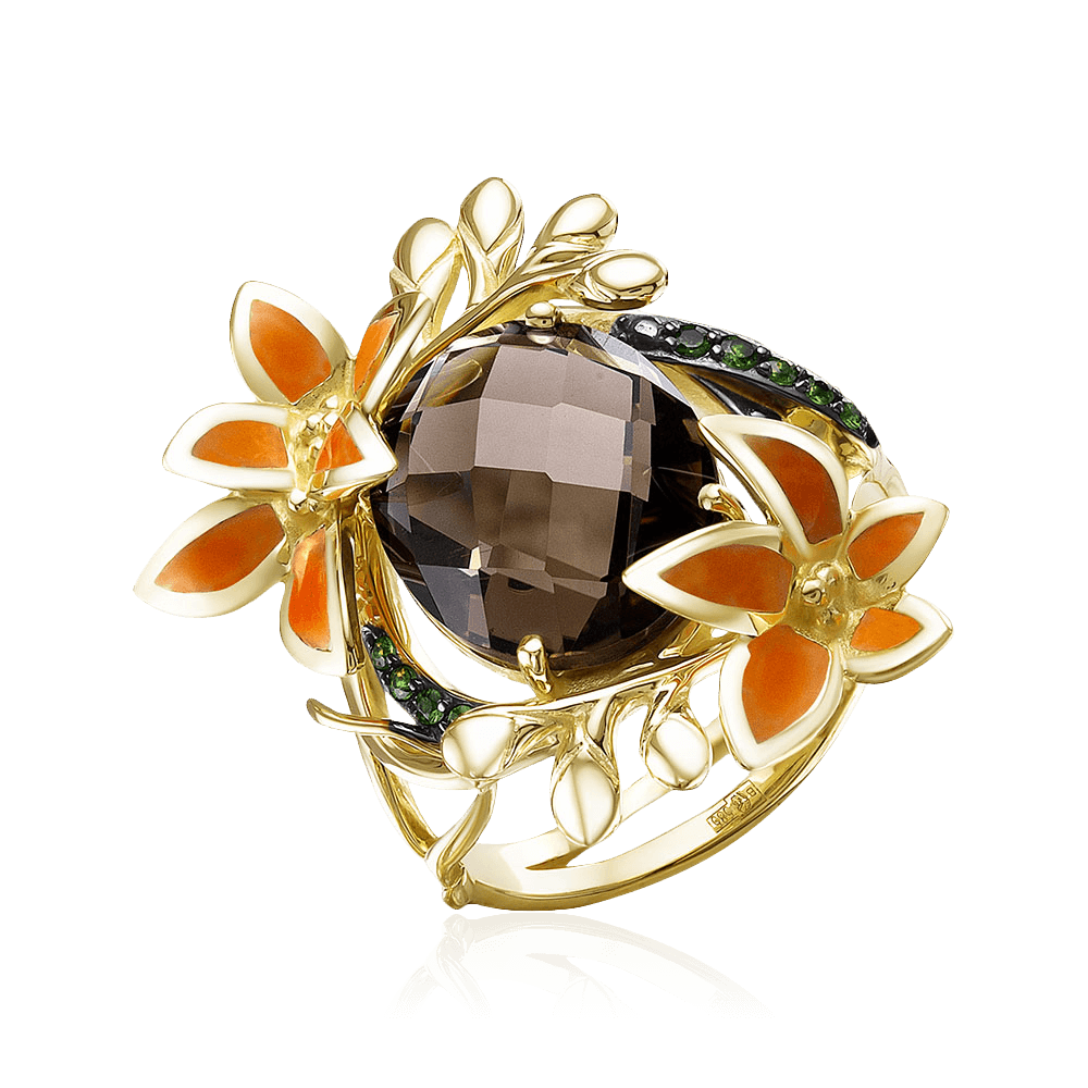 Кольцо цветы с раухтопазом, эмалью, тсаворитом из желтого золота 585 пробы, фото № 1