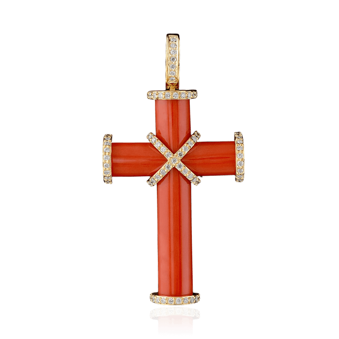Крест с кораллом, бриллиантами из желтого золота 750 пробы (арт. 27743)