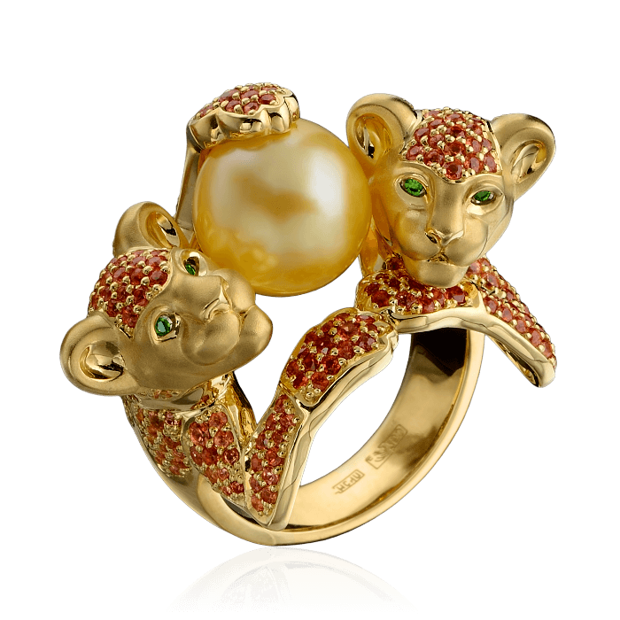 Кольцо Два тигренка с жемчугом и цветными камнями в желтом золоте 750 пробы, фото № 1