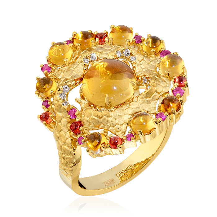 Кольцо с цитрином, бриллиантами, рубином, сапфиром фантазийным из желтого золота 750 пробы (арт. 37073)