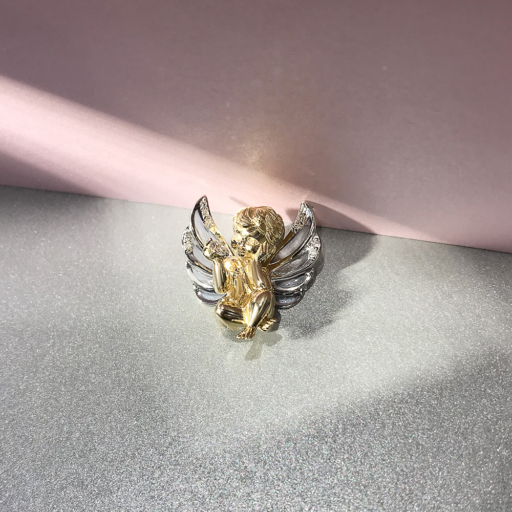Кулон Ангел с бриллиантами, эмалью из комбинированного золота 585 пробы, фото № 2