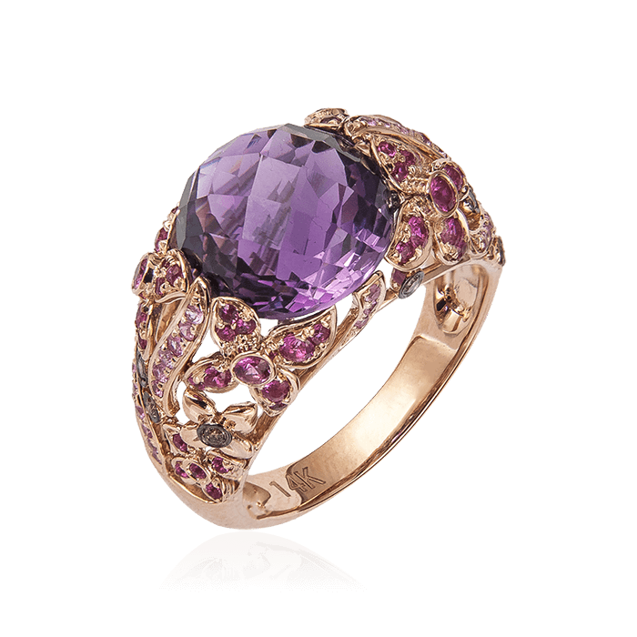 Кольцо с розовыми сапфирами, бриллиантами, аметистом из красного золота 585 пробы, фото № 1