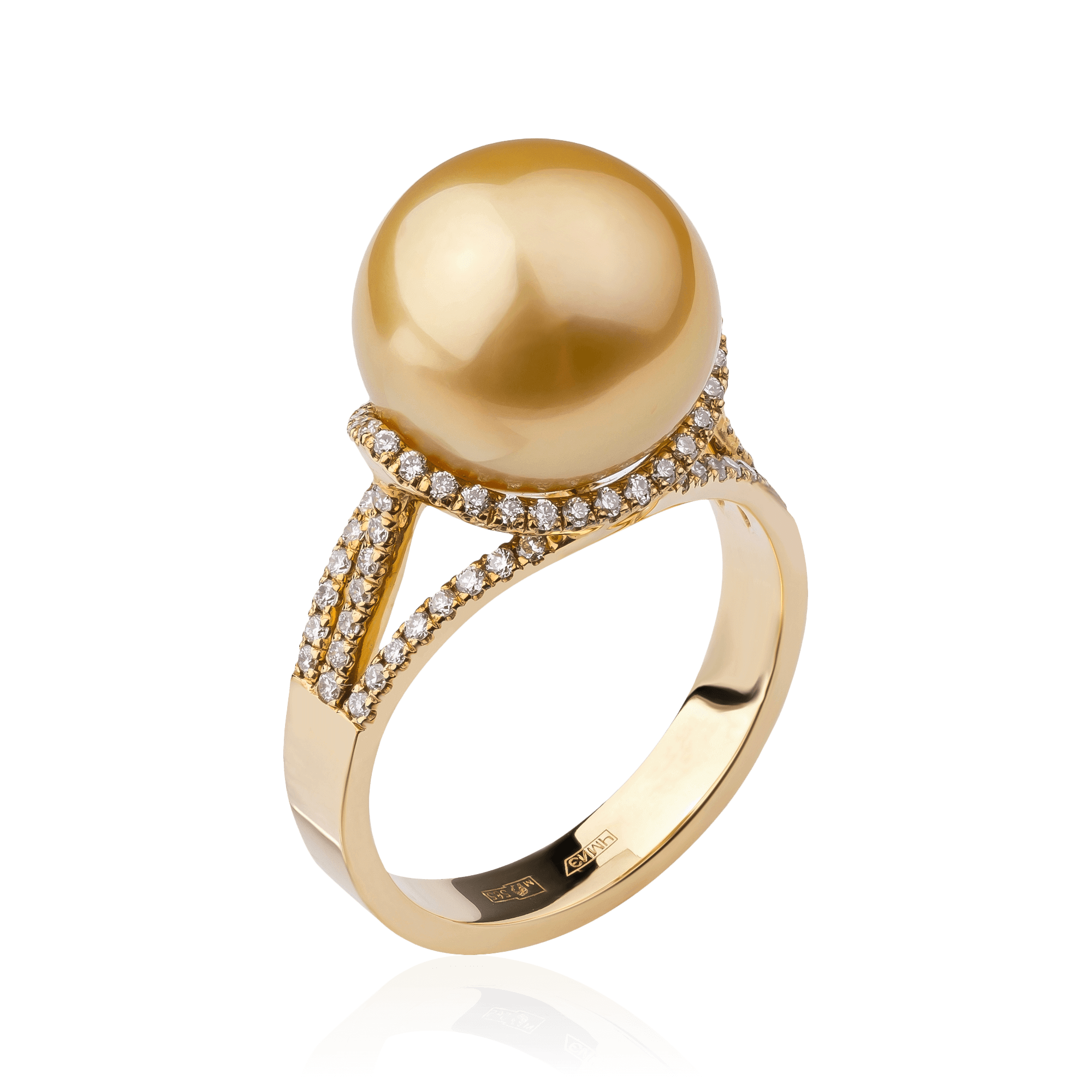 Кольцо с жемчугом, бриллиантами из желтого золота 585 пробы, фото № 1