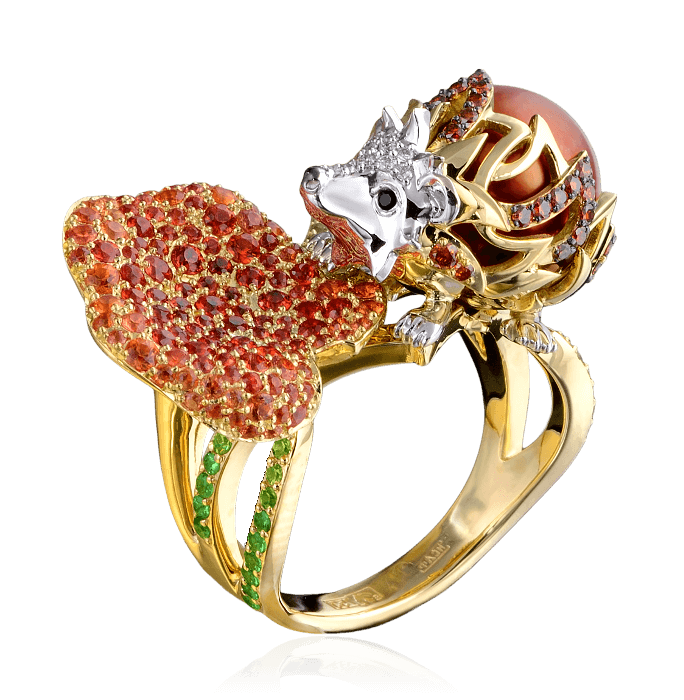 Кольцо Ежик с жемчугом, цветными камнями и бриллиантами в желтом золоте 585 пробы, фото № 1