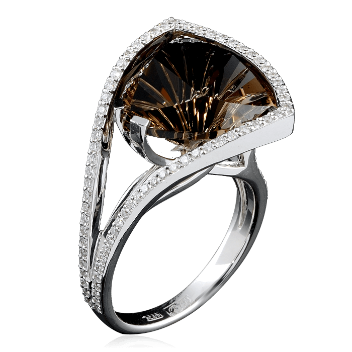 Кольцо с раухтопазом, бриллиантами из белого золота 750 пробы, фото № 1