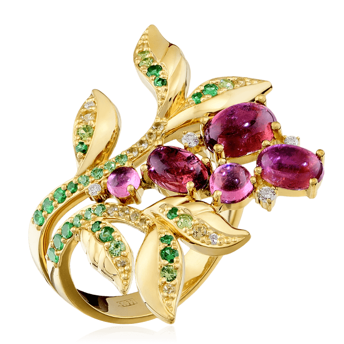 Кольцо с турмалином, бриллиантами, демантоидом, тсаворитом, цветными сапфирами из желтого золота 750 пробы, фото № 1