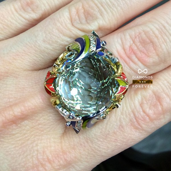 Кольцо Морское с цветными камнями, бриллиантами, эмалью в желтом золоте 750 пробы, фото № 3