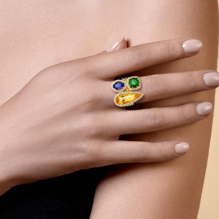 Кольцо с желтым топазом, турмалином, танзанитом, бриллиантами из желтого золота 750 пробы, фото № 3