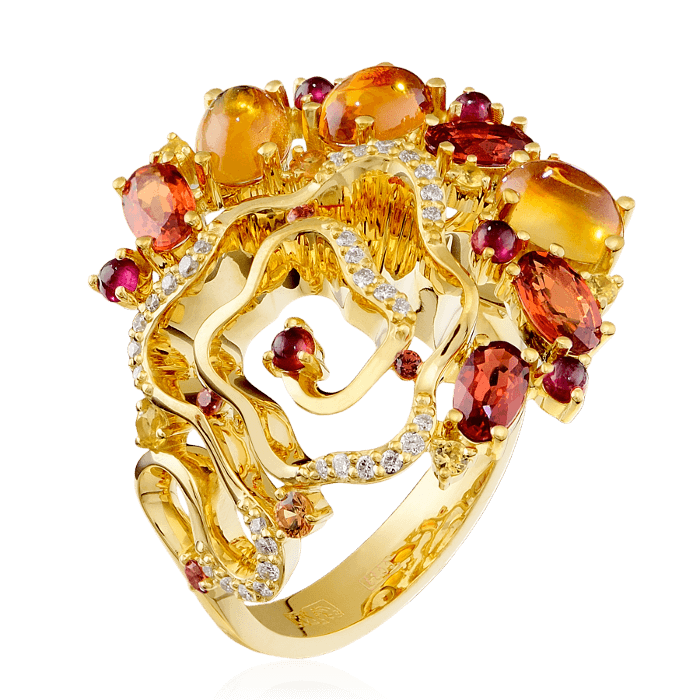 Кольцо с рубином, бриллиантами, цитрином, цветными сапфирами из желтого золота 750 пробы, фото № 1