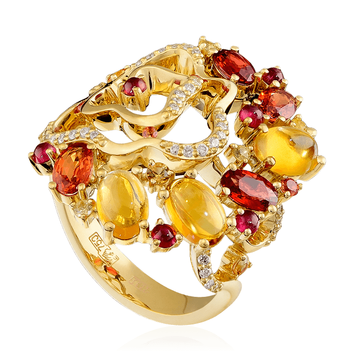 Кольцо с рубином, бриллиантами, цитрином, цветными сапфирами из желтого золота 750 пробы, фото № 2