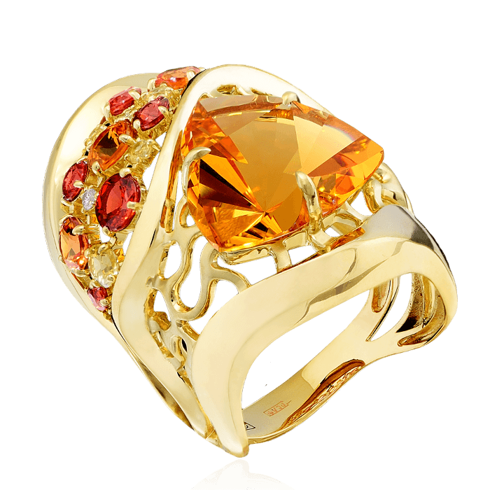 Кольцо с цитрином, бриллиантами, цветными сапфирами, турмалином из желтого золота 585 пробы, фото № 1