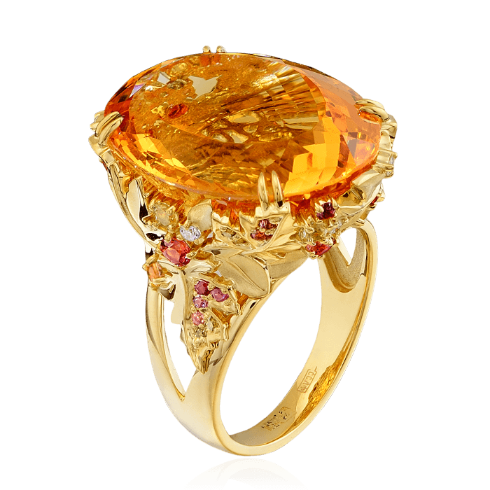 Кольцо с цитрином, бриллиантами, цветными сапфирами из желтого золота 750 пробы, фото № 1