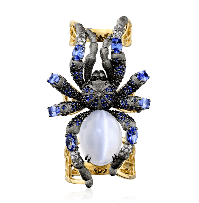 Кольцо Паук с сапфиром, бриллиантами, ониксом, лунным камнем из желтого золота 750 пробы, фото № 2