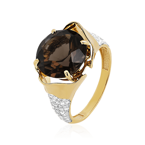 Кольцо с раухтопазом, бриллиантами из желтого золота 585 пробы, фото № 1