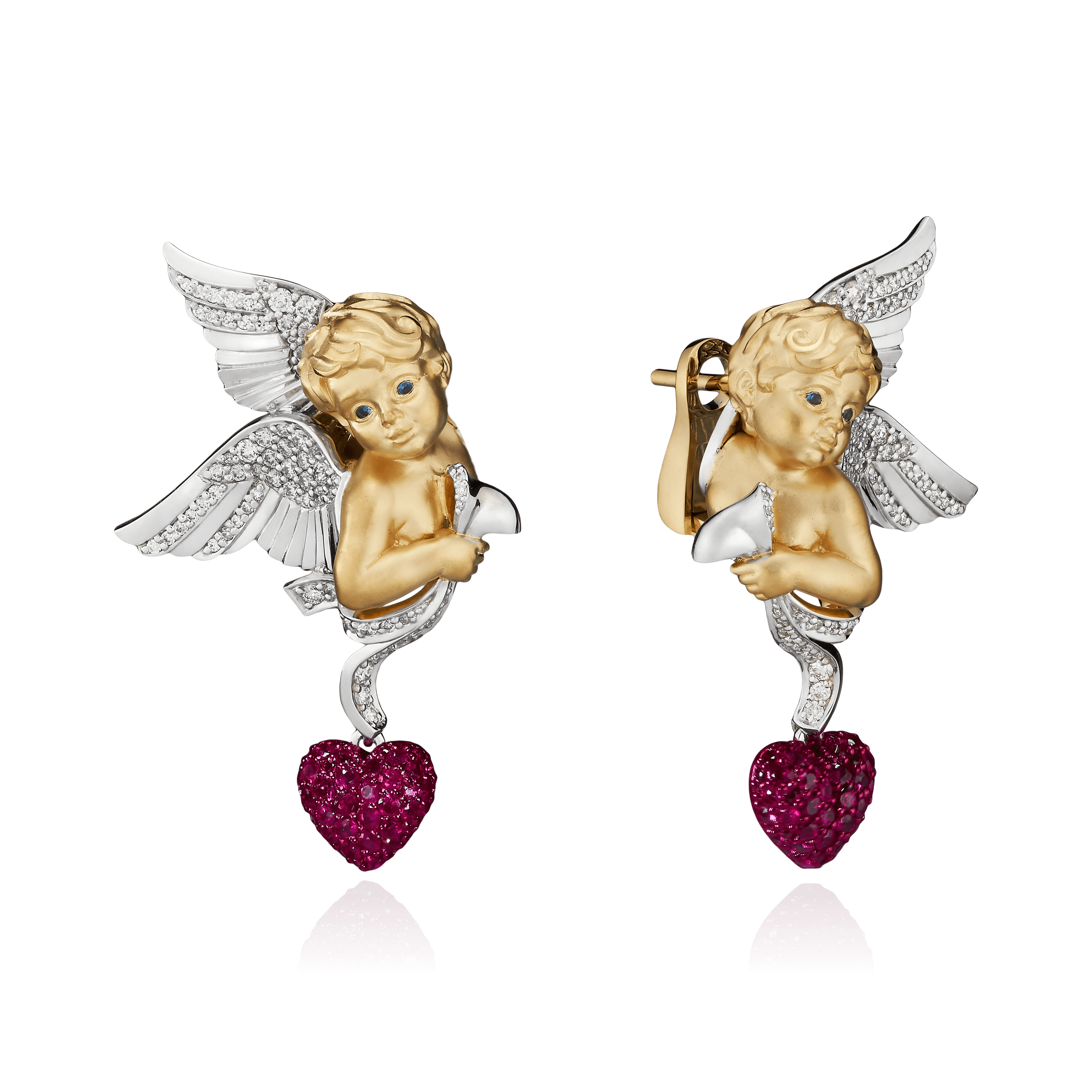 Серьги Ангелочки с рубином, сапфиром, бриллиантами из комбинированного золота 750 пробы, фото № 1