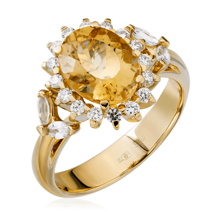Кольцо с топазом империал, белыми сапфирами, бриллиантами из желтого золота 750 пробы (арт. 48937)