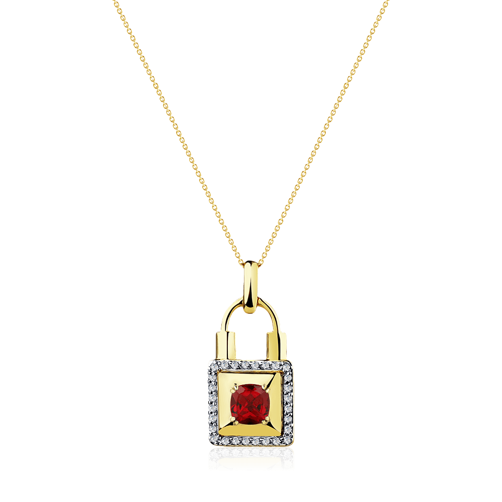 Колье в виде замочка с бриллиантами, родолитом из желтого золота 585 пробы, фото № 1