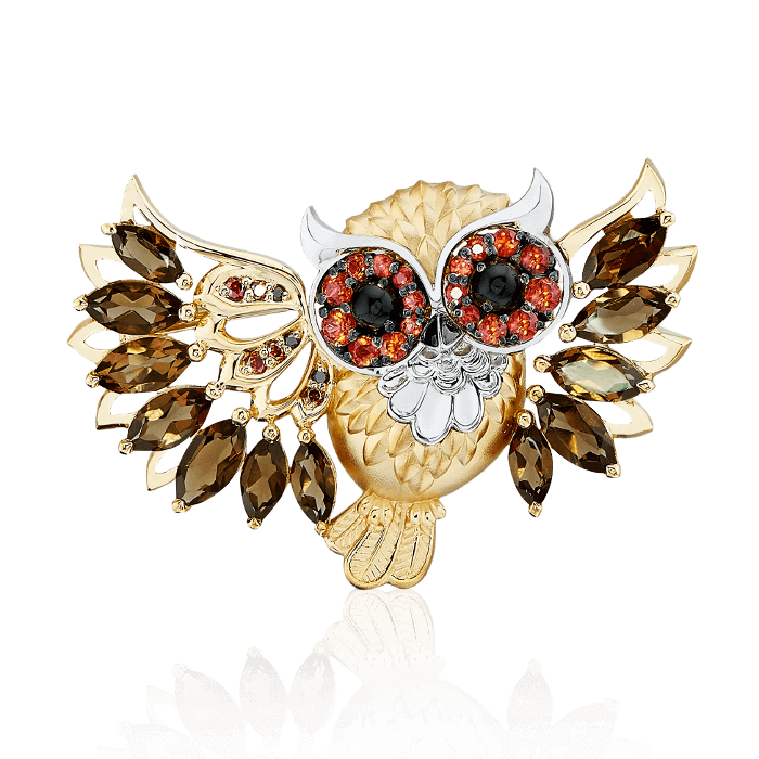 Брошь Сова с раухтопазом, цветными сапфирами, бриллиантами, ониксом из желтого золота 585 пробы (арт. 52161)