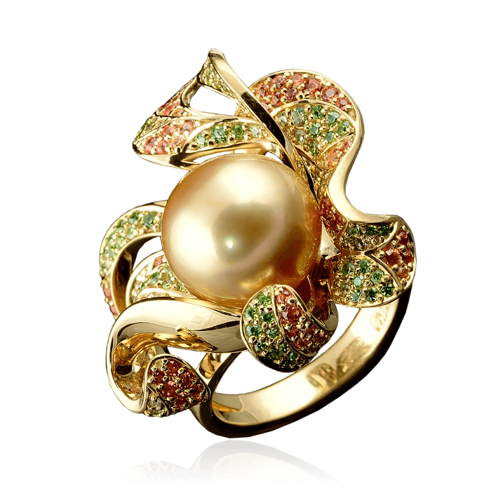 Кольцо с золотым морским жемчугом, цветными сапфирами и бриллиантами из желтого золота 585 пробы, фото № 1